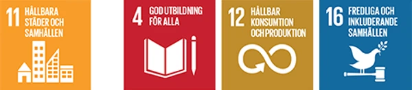 Symboler för globala målen: 11, 4, 12 och 16.