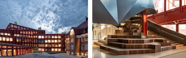 Foto på kunskapshusets röda fasad, det lyser i fönster och bild på trappan i foajén med gradänger i olika nivåer.