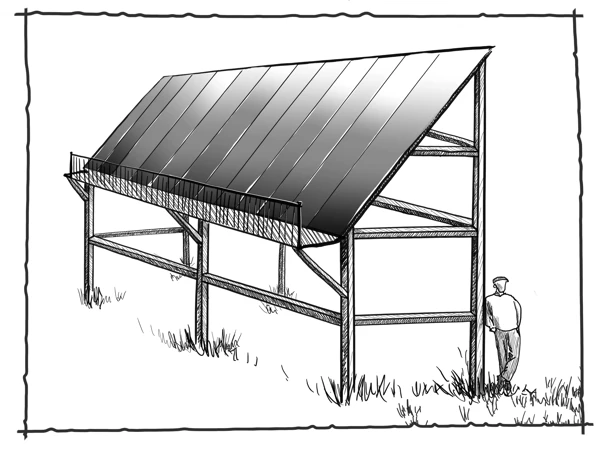 Lutande solenergianläggning på stativ. Skalfiguren visar att en människa får plats under anläggningen.