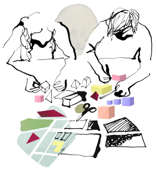 Illustration av ungdomar som sitter och ritar, klipper och klistrar.