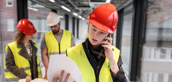 Tre personer studerar ritningar på en byggarbetsplats.