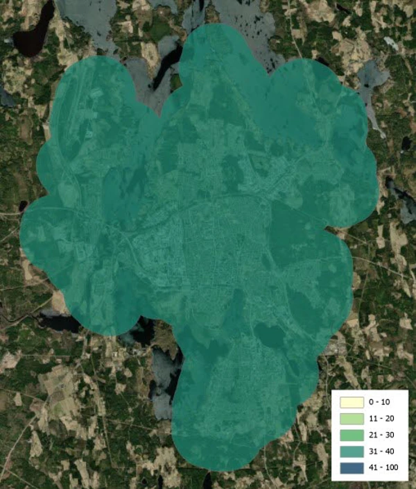 Exempel på skikt med en km buffert som visar 31 - 40% trädtäckning.