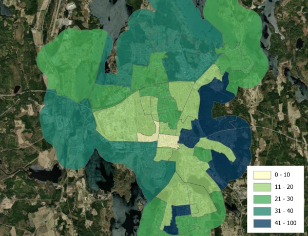 Karta som visar i vilka stadsdelar det finns mycket träd med mörkgrön färg och var det finns litet träd i gul färg.