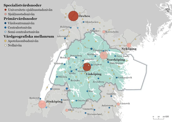 Karta över Region Östergötland som visar var det finns noder för specialistvård, primärvård och vårdgeografiska mellanrum.