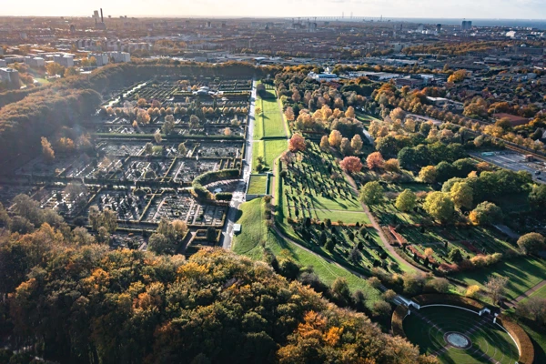 Flygbild över östra kyrkogården i Malmö.