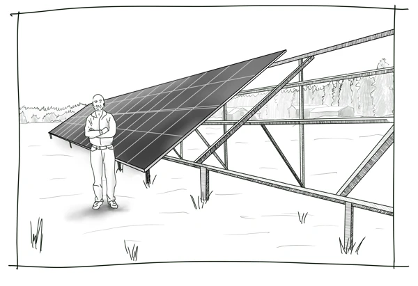 Lutande solenergianläggning på metallstativ. Skalfiguren visar att anläggningens lägre del är i knähöjd.
