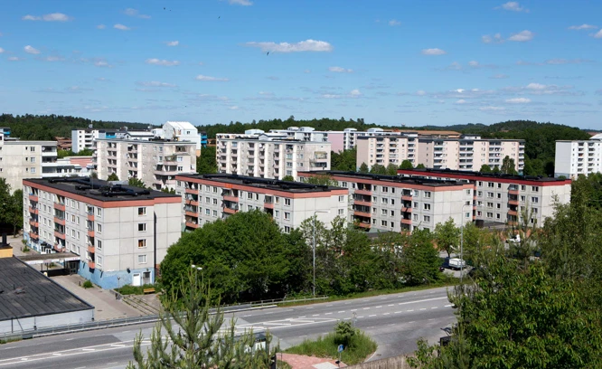 Översiktsbild över område med lägenhetshus